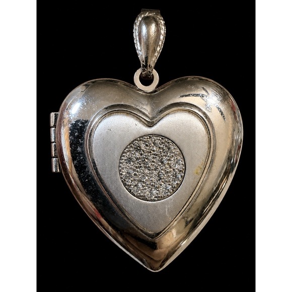 Jewelry - T20158-Vintage Silver Tone Heart Locket Necklace Rhinestone Crystal Pendant